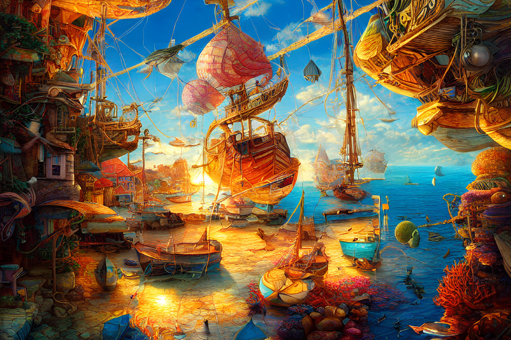 Fantastical harborside scene with airships, boats, and whimsical architecture at sunset