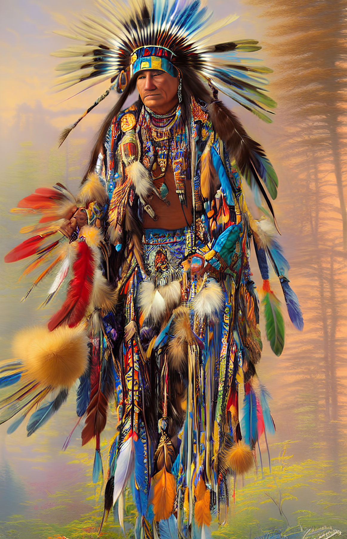 Elaborate Native American Regalia in Misty Forest