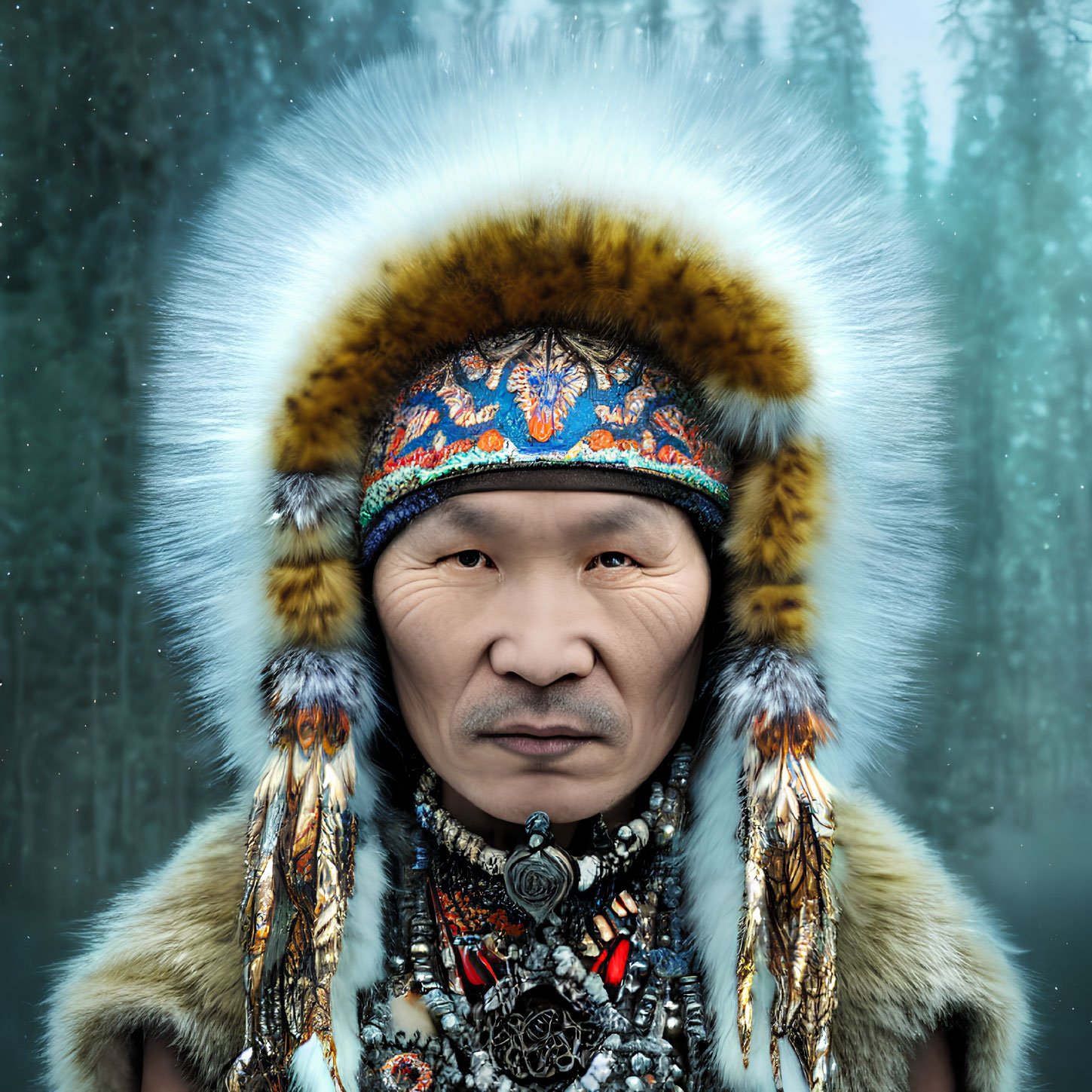 Indigenous person in fur-trimmed hat in snowy forest