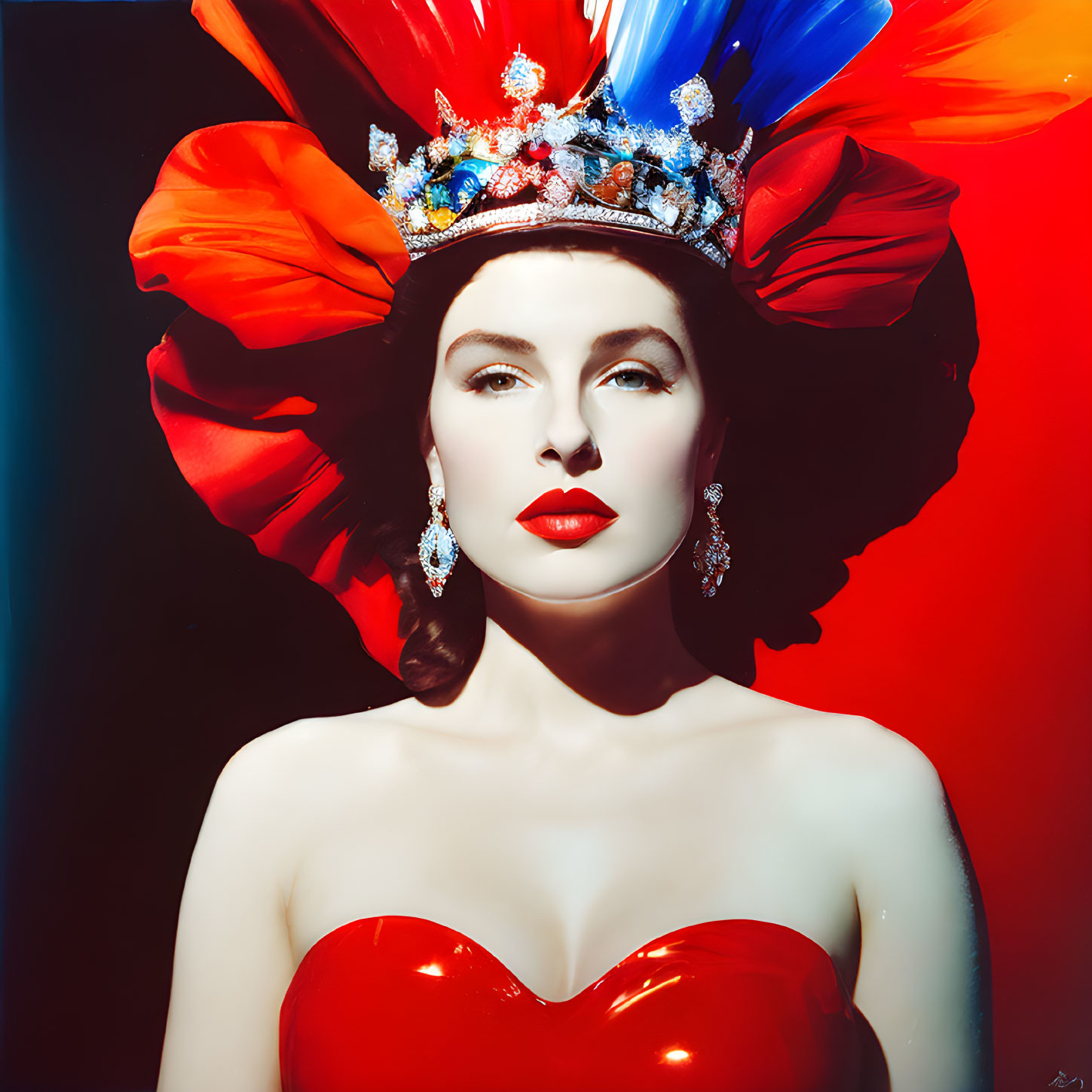 Woman in Dramatic Red Headwear and Strapless Gown on Red Gradient Background