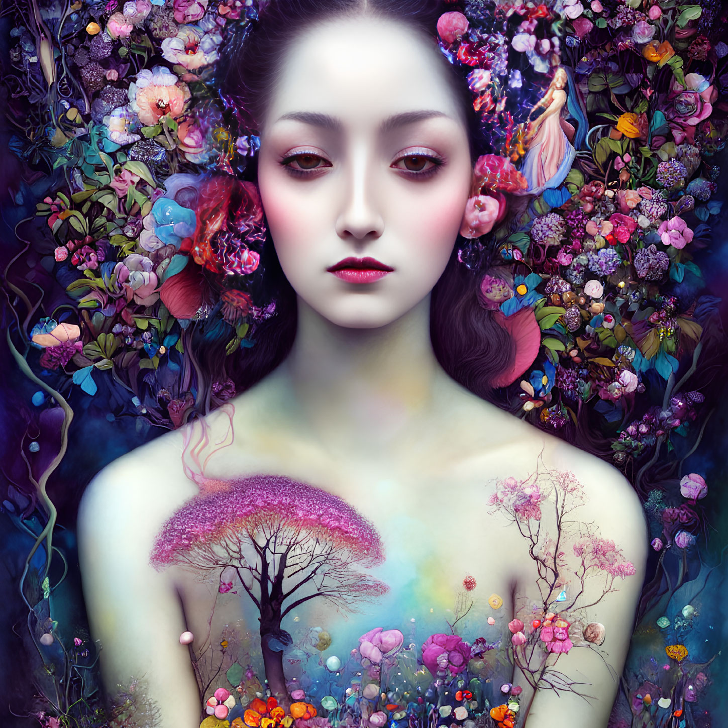 Colorful digital artwork: Woman's face with fantasy landscape