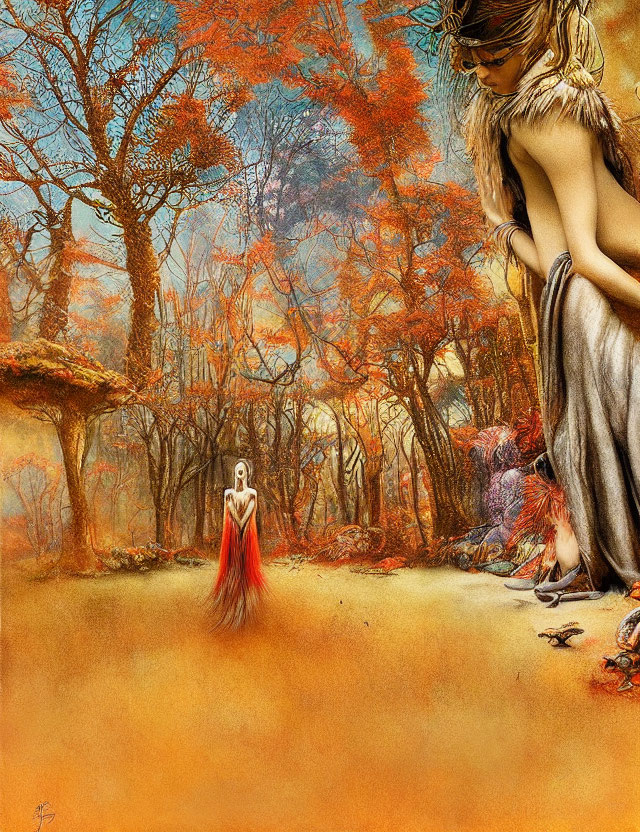 Vibrant surreal forest scene with woman in red and giant contemplative face blending in landscape