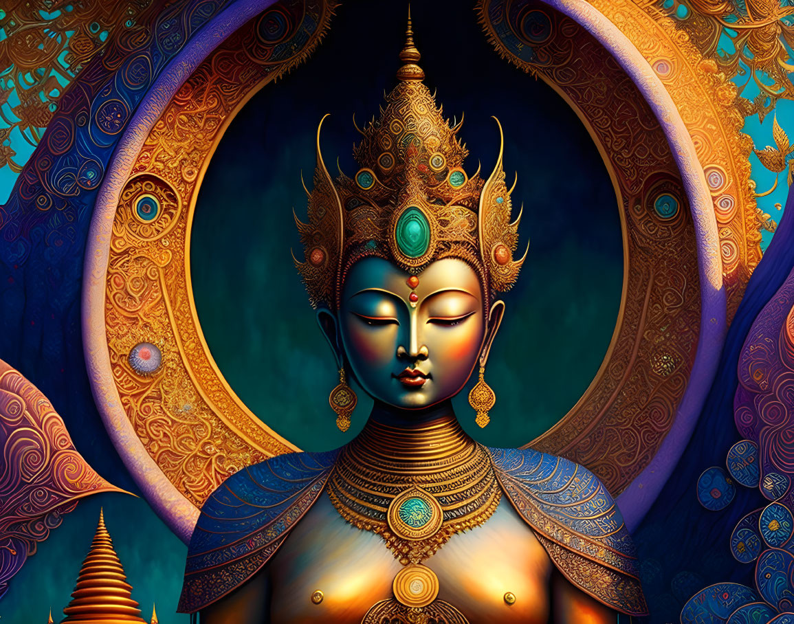 Serene Buddha figure with intricate patterns in cosmic backdrop