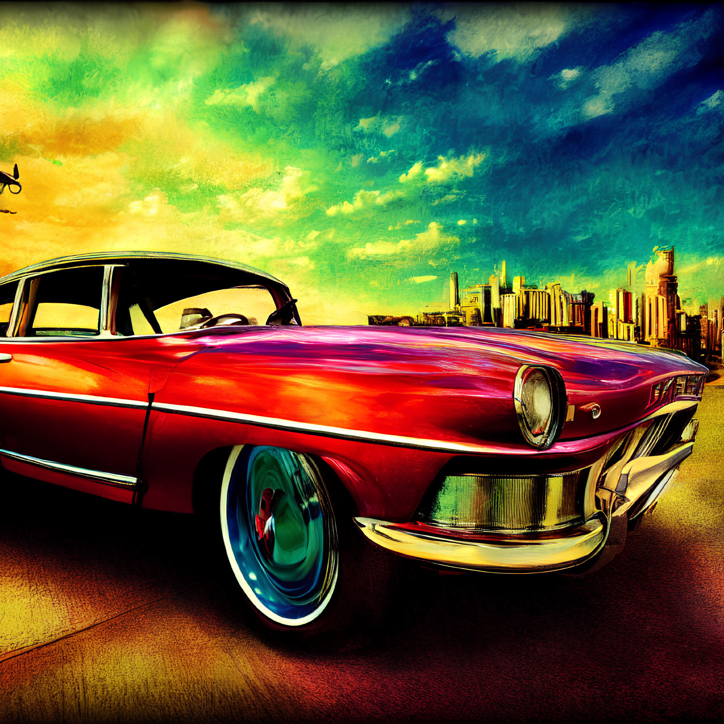 Classic Red Car Parked Against Colorful Sky and City Skyline