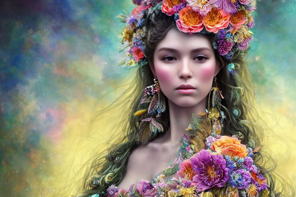 Woman with Floral Crown and Earrings in Pastel Nebula Setting