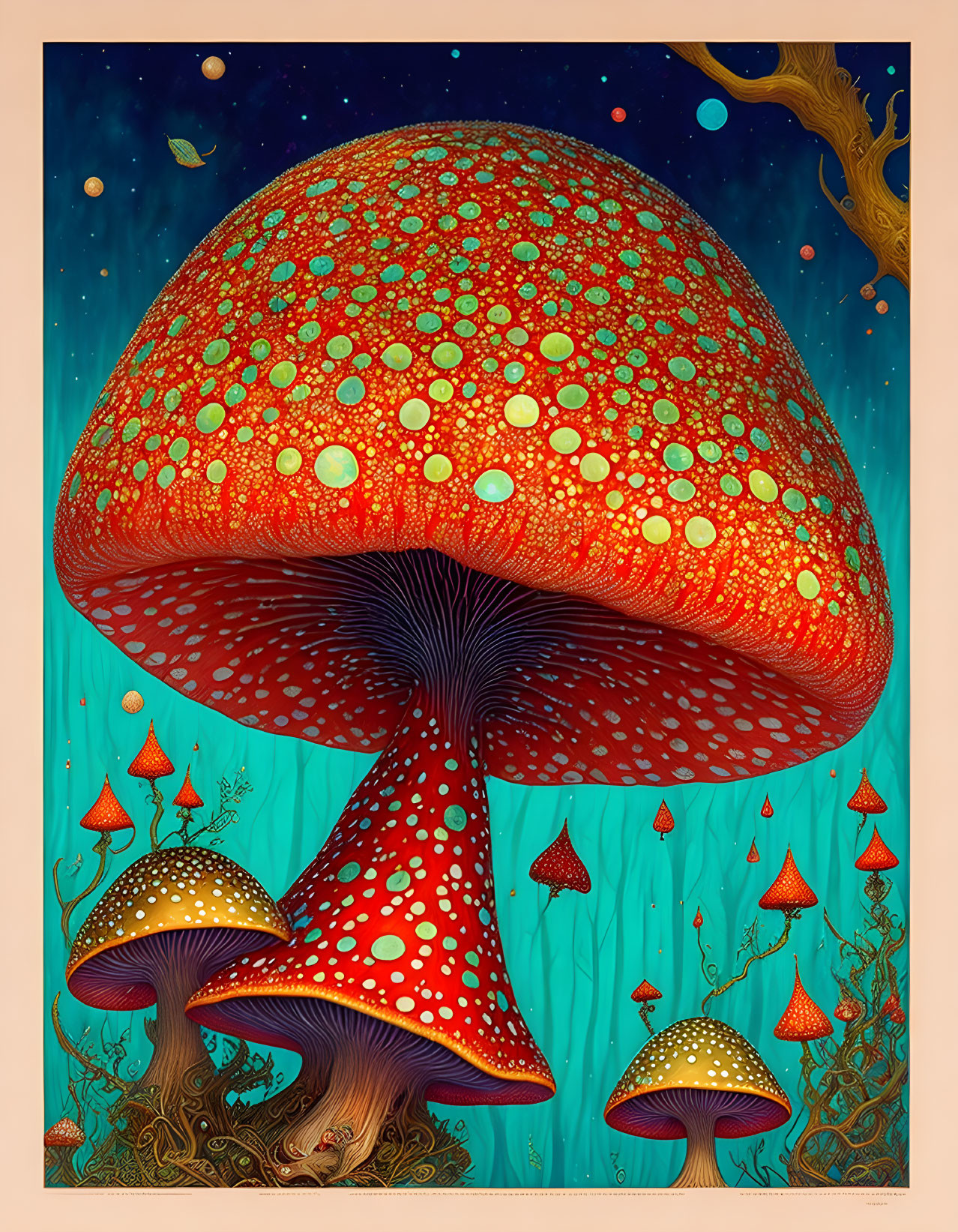 Colorful Surreal Art: Oversized Red Mushroom Surrounded by Teal Background & Celestial Objects