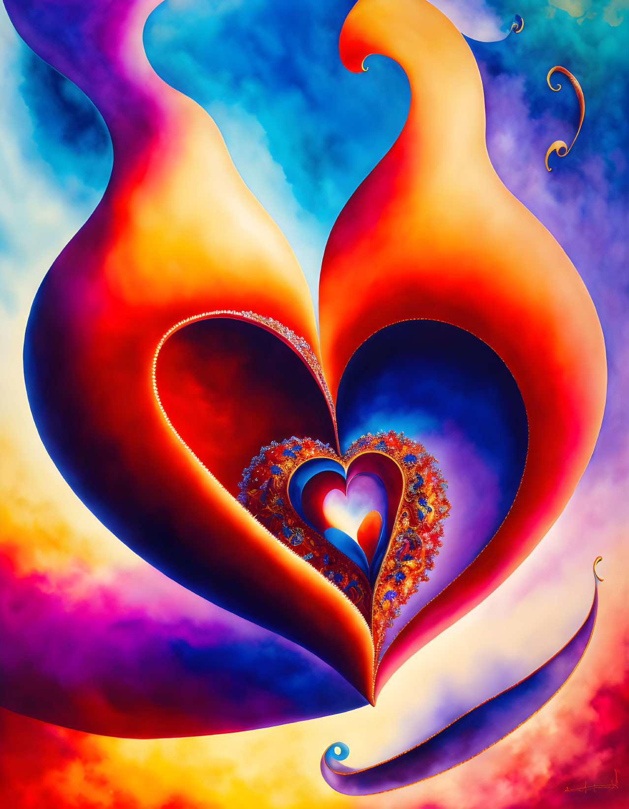 Fractal image: Intertwined red and orange hearts on blue and purple backdrop