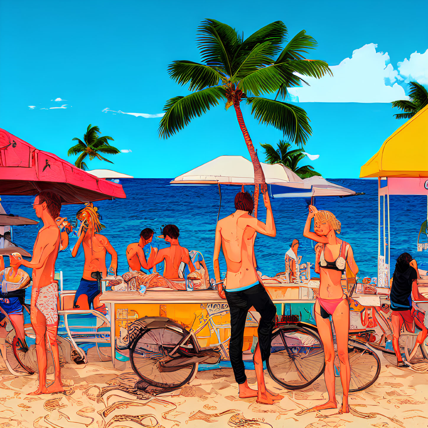 Vibrant beach scene with palm trees, bikes, and a bar under yellow umbrellas