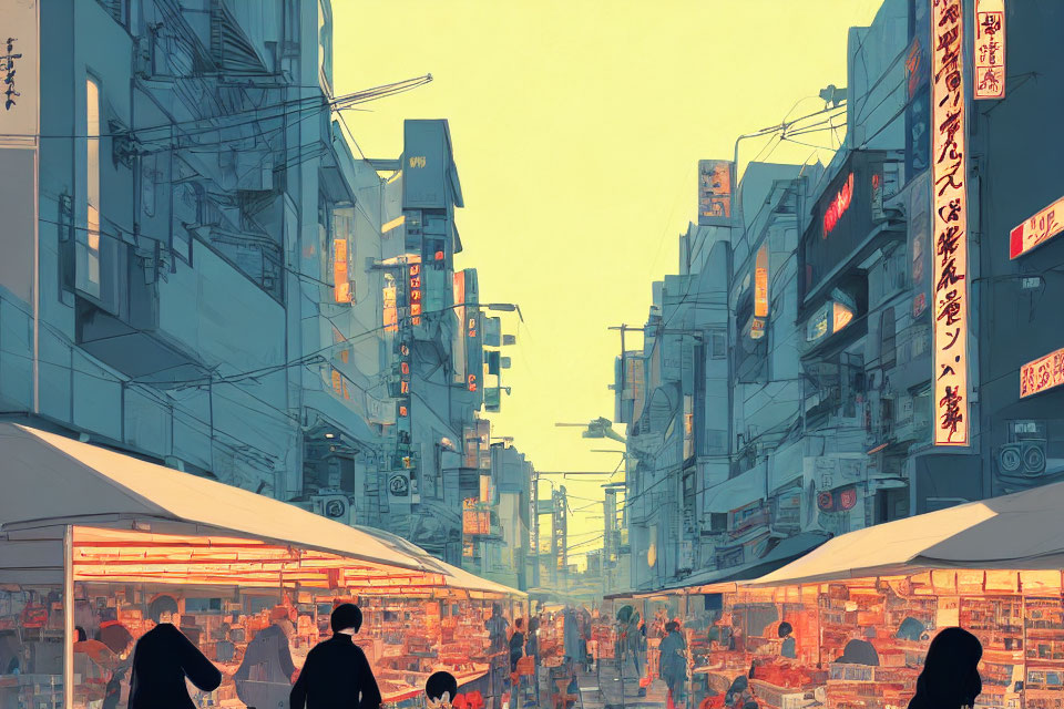 Busy East Asian Street Market at Dusk with Glowing Signs and Silhouettes