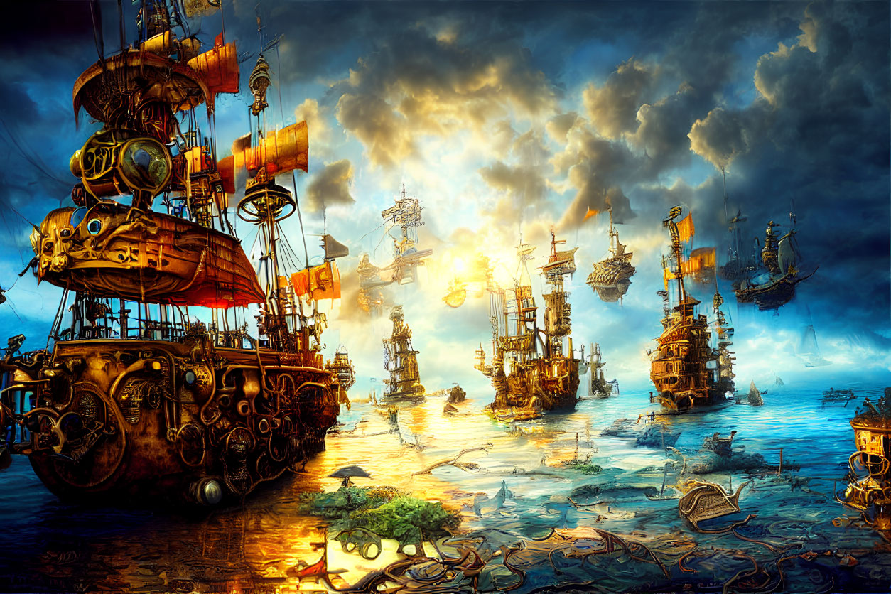 Fantastical steampunk airships over calm sea at sunset