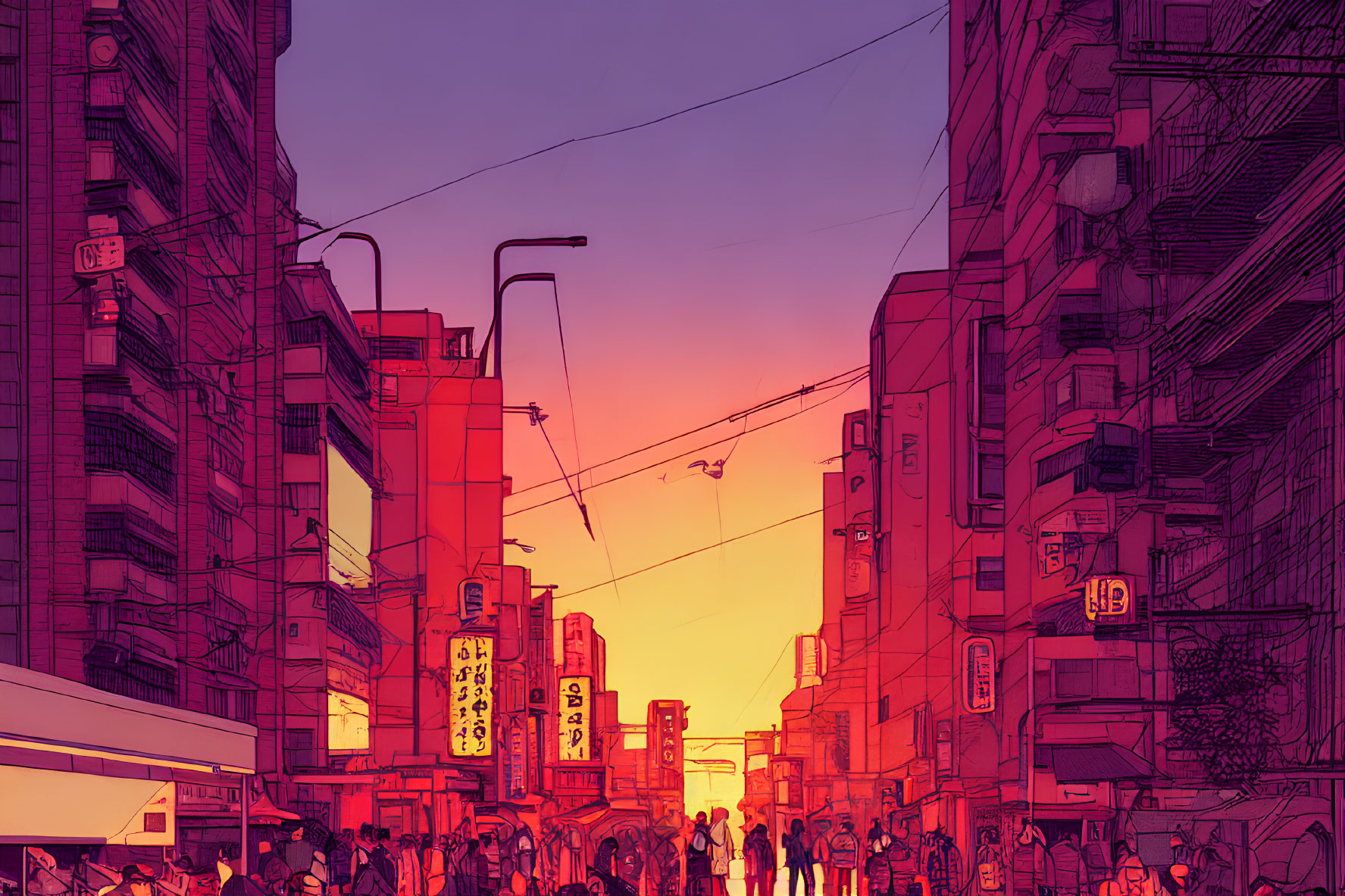 City street at sunset with neon signs, high buildings, and crowd under purple and orange sky