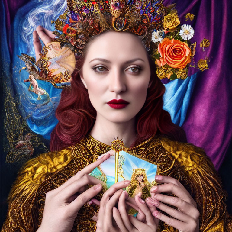 Red-haired woman with golden crown holding tarot card among vibrant drapery