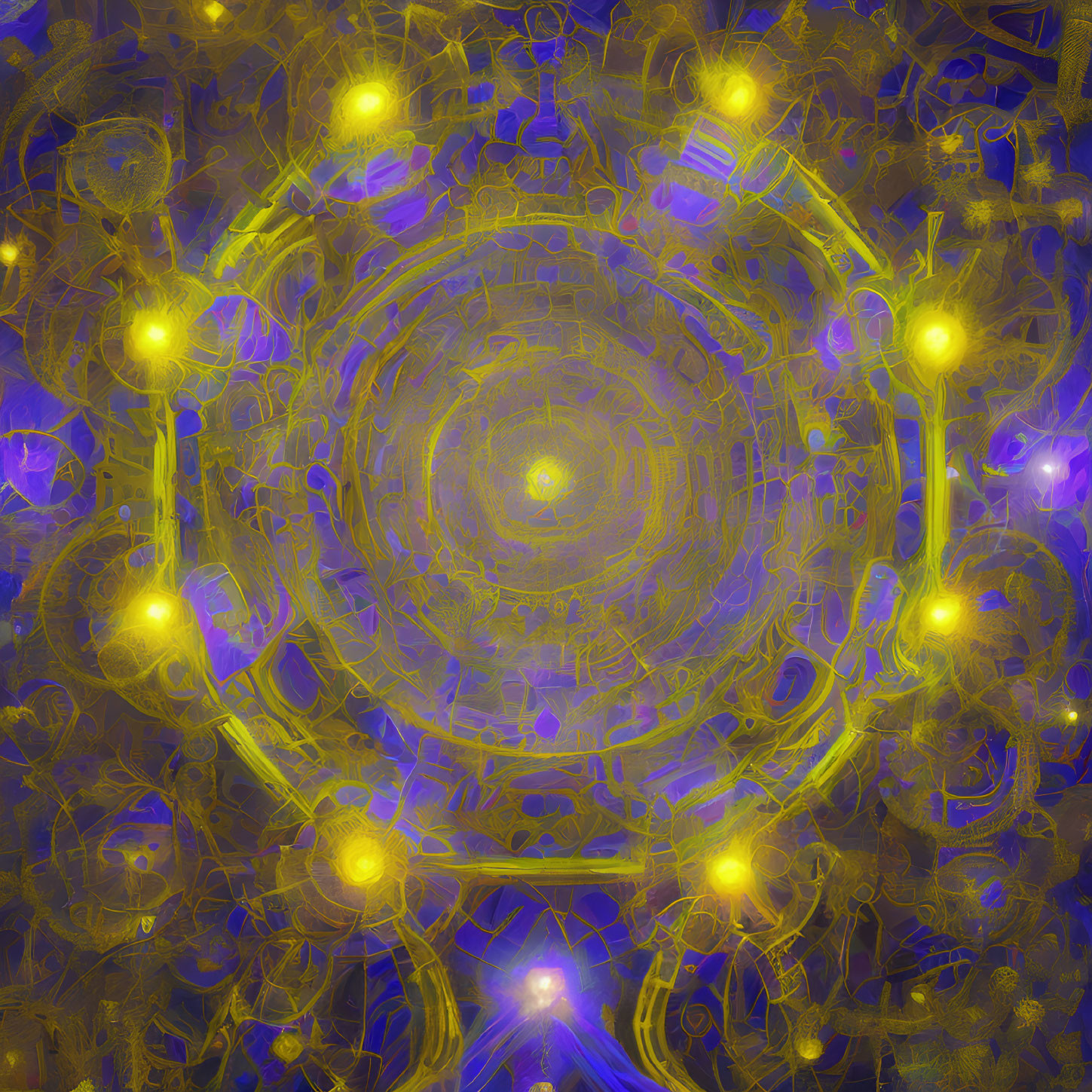 Vibrant yellow and purple abstract digital artwork with cosmic energy.