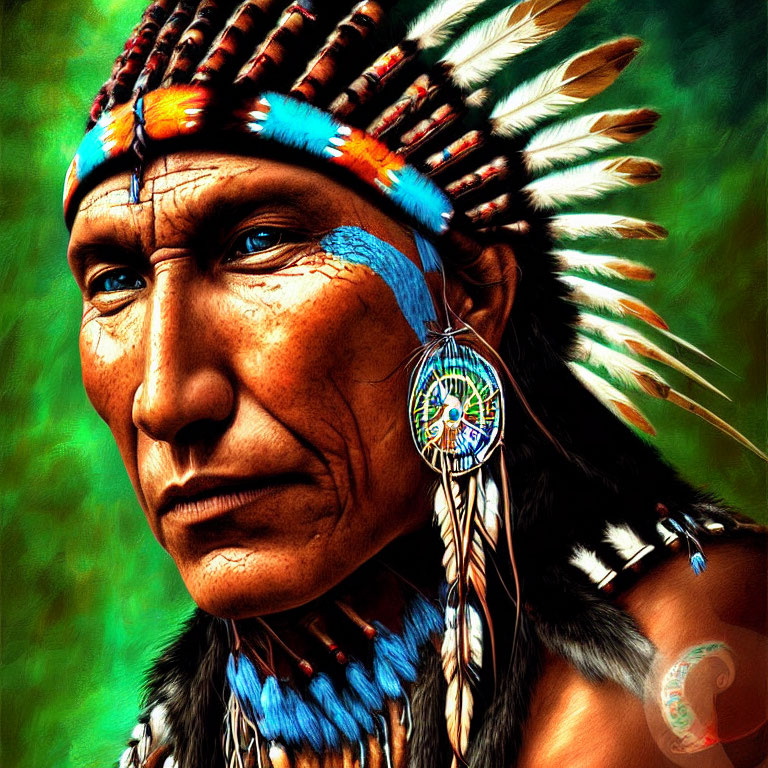 Native American man with feather headdress and face paint portrait.