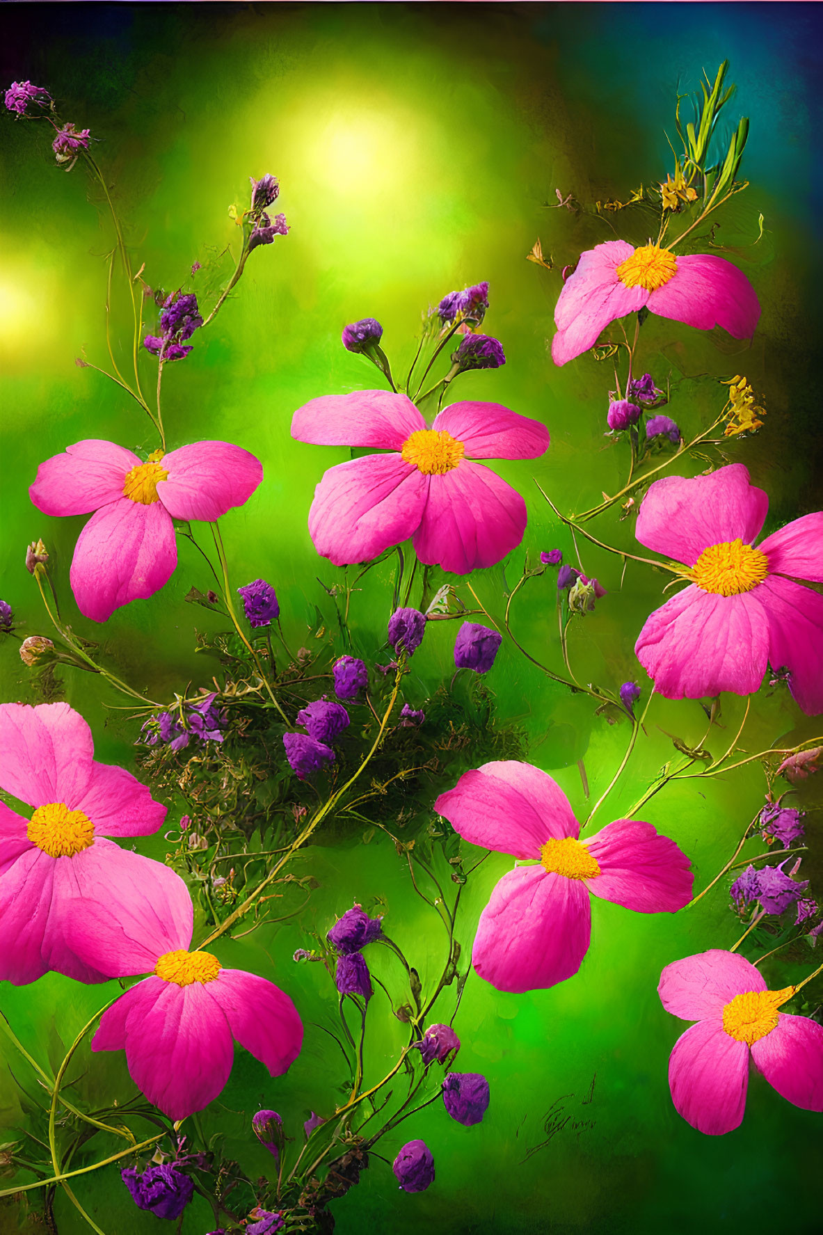 Colorful Pink Flowers with Yellow Centers on Blurred Green Background