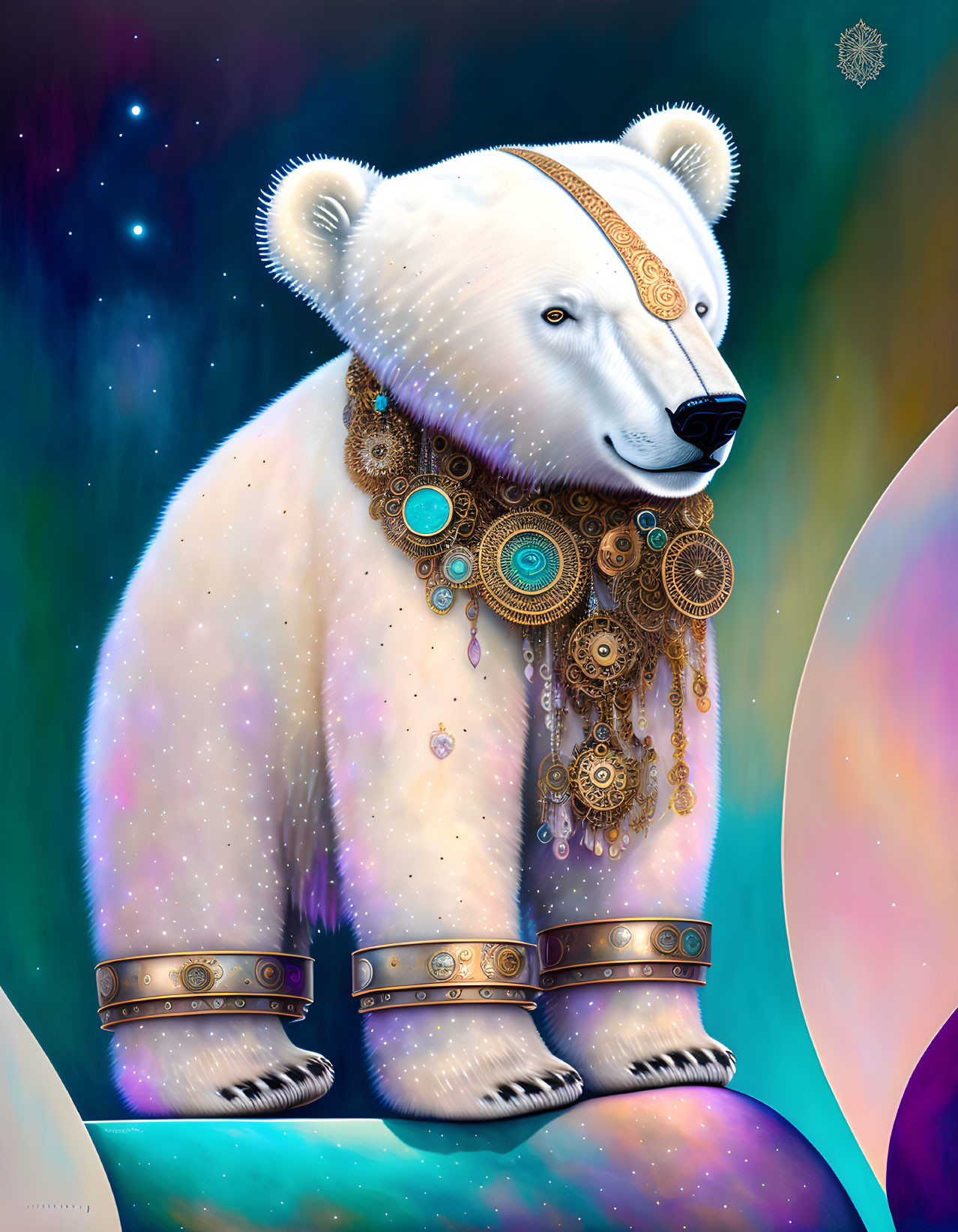 Polar Bear with Golden Jewelry in Cosmic Setting