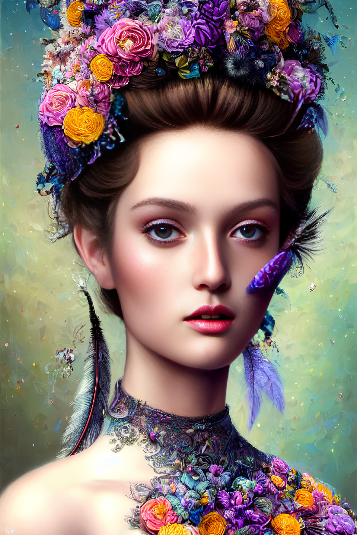 Colorful portrait of woman with floral and feather headdress on dreamy backdrop