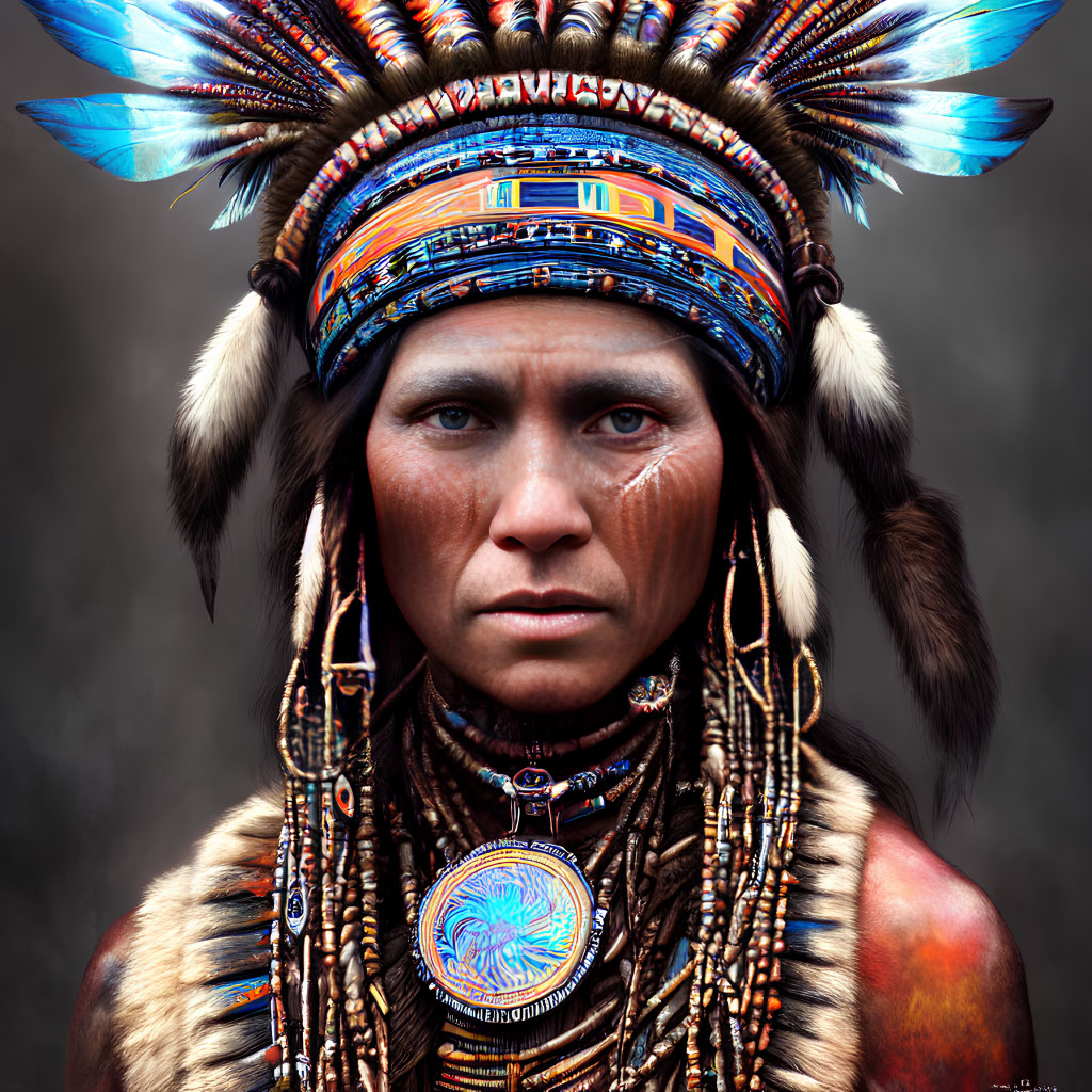 Portrait of Person Wearing Native American Headdress with Beadwork and Feathers