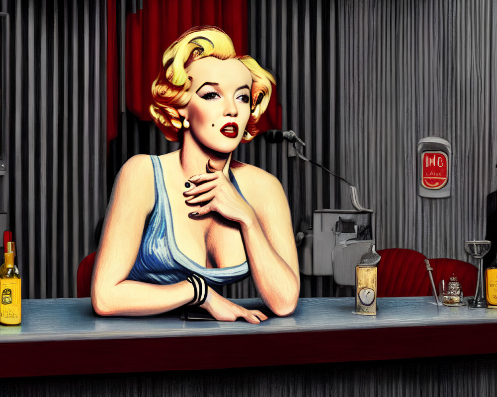 Stylized image of woman resembling Marilyn Monroe at bar with vintage decor