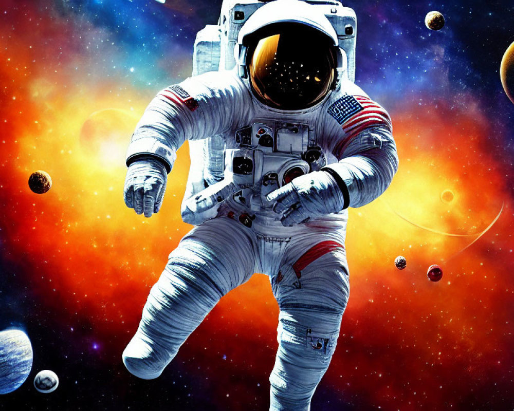 Astronaut in white space suit with American flag patch floating in space with colorful nebulae and