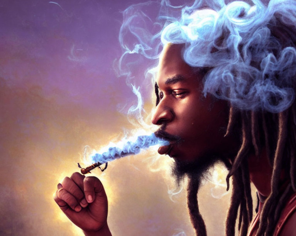 Illustrated person with dreadlocks exhaling smoke in warm-hued background