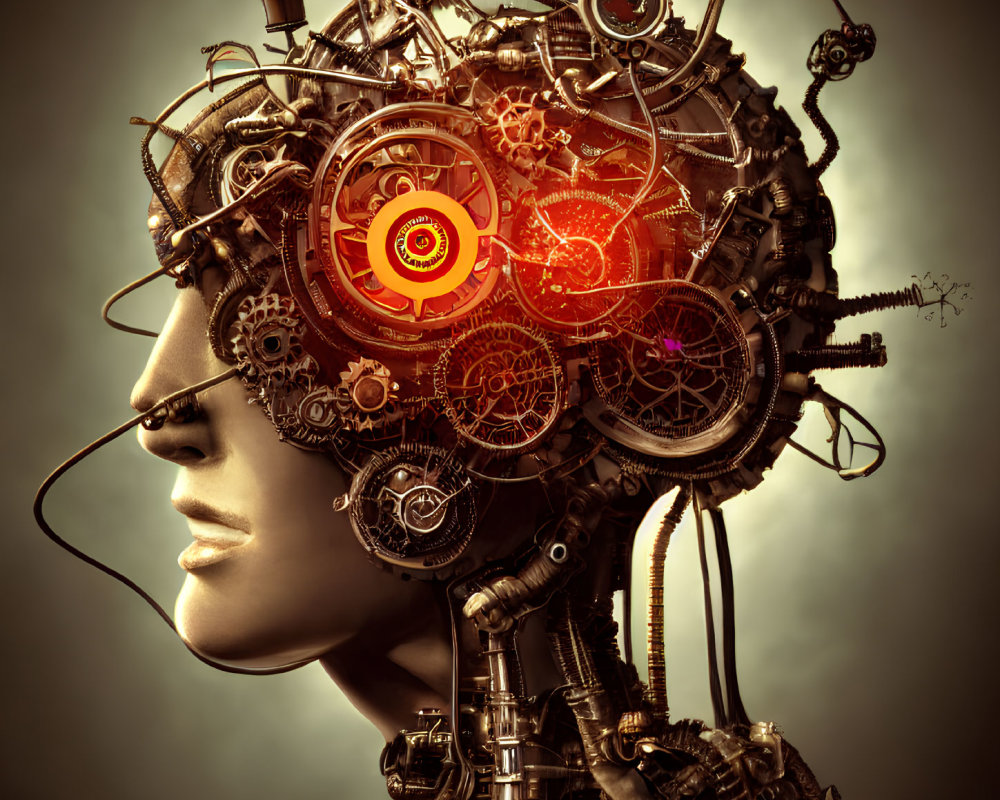 Surreal humanoid figure with complex mechanical head.