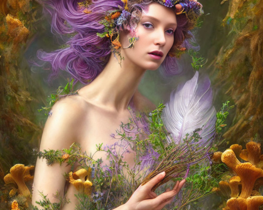 Purple-haired woman with flower hair accessories in mystical forest with mushrooms.