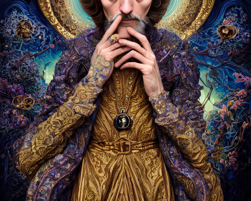 Detailed Artwork: Man in Ornate Robes with Mystical Aura