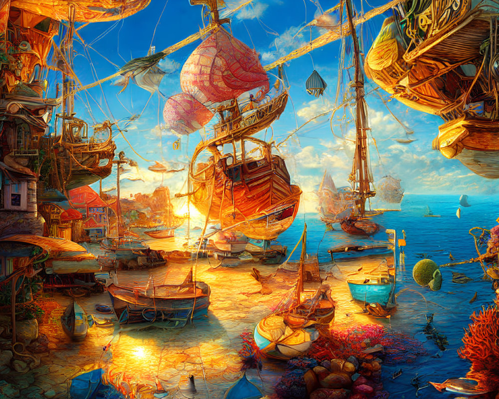 Fantastical harborside scene with airships, boats, and whimsical architecture at sunset