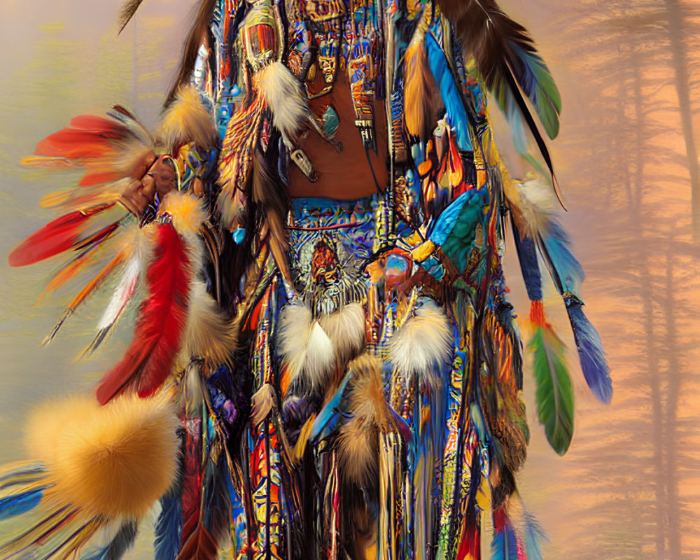 Elaborate Native American Regalia in Misty Forest