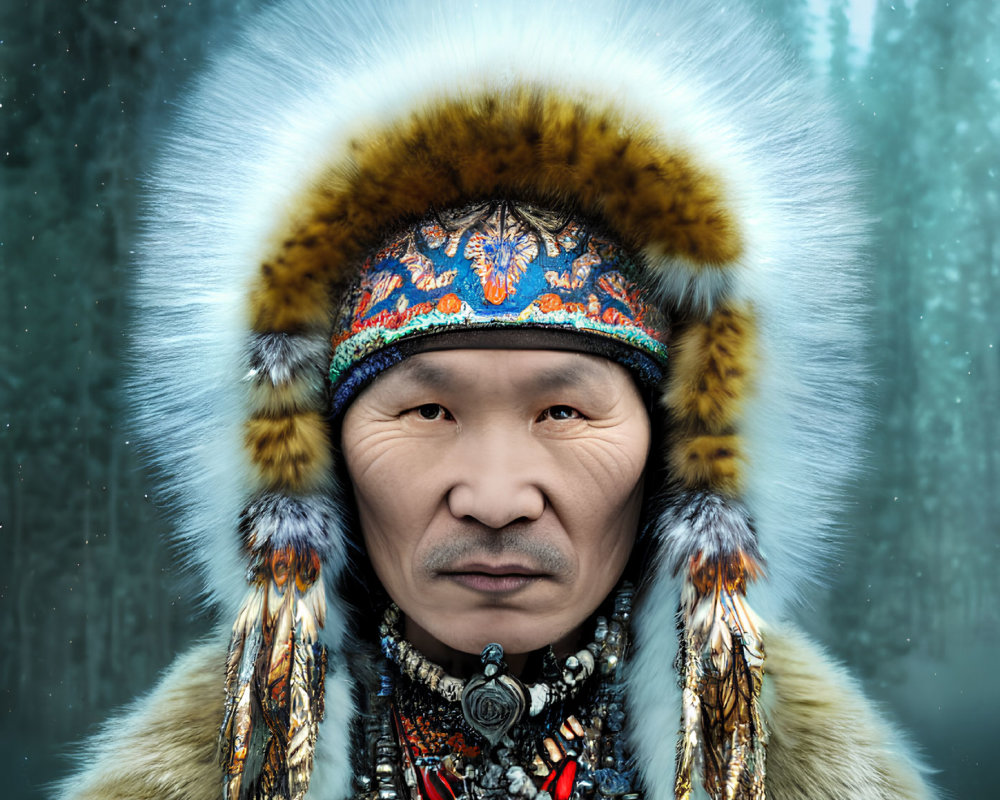 Indigenous person in fur-trimmed hat in snowy forest