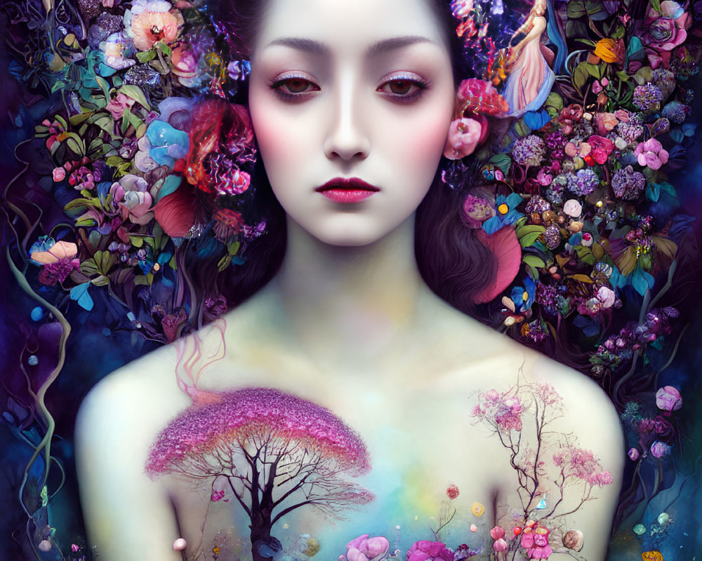 Colorful digital artwork: Woman's face with fantasy landscape