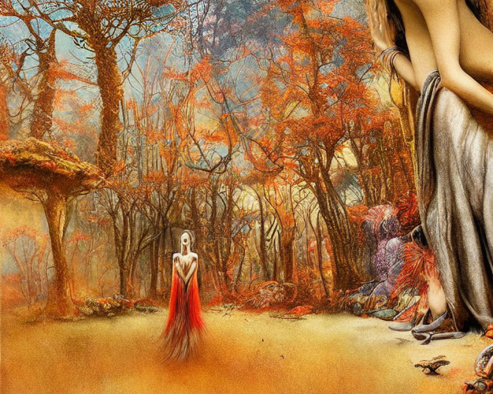 Vibrant surreal forest scene with woman in red and giant contemplative face blending in landscape