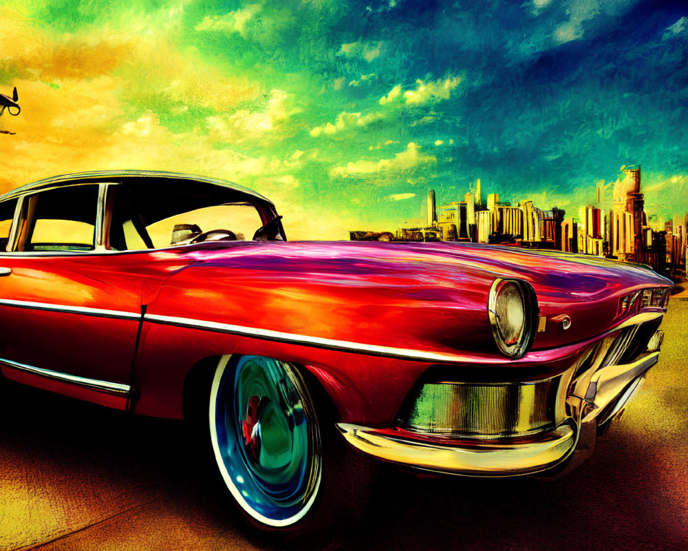 Classic Red Car Parked Against Colorful Sky and City Skyline