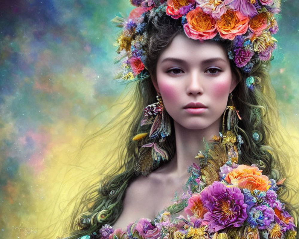 Woman with Floral Crown and Earrings in Pastel Nebula Setting