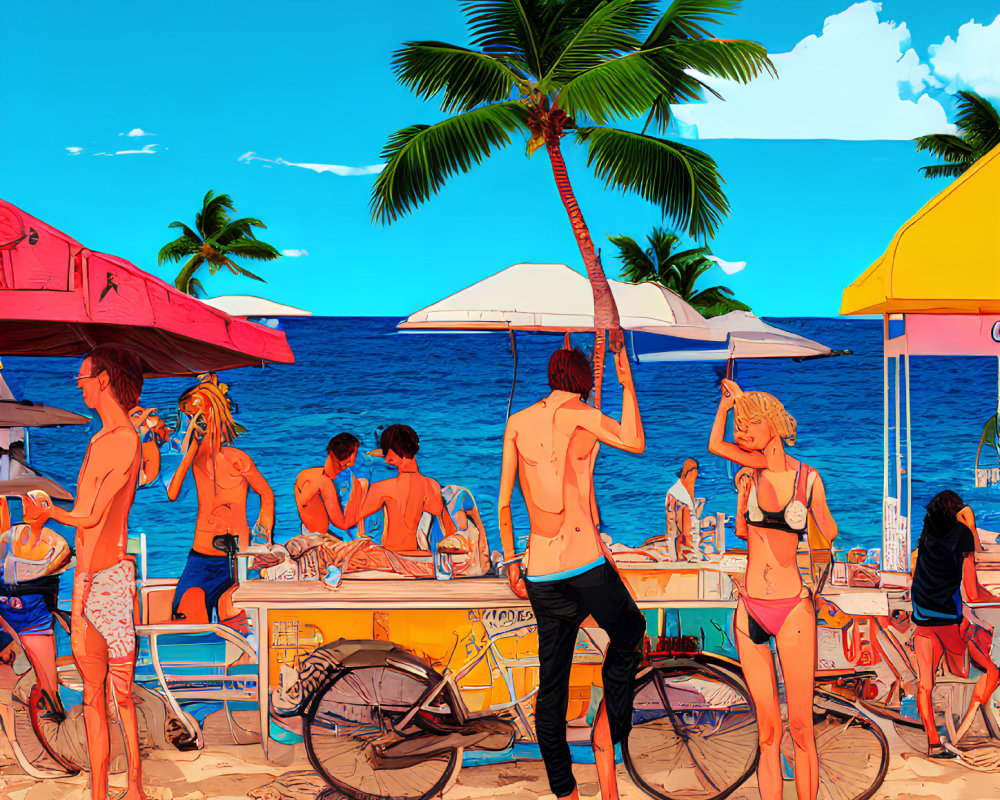 Vibrant beach scene with palm trees, bikes, and a bar under yellow umbrellas