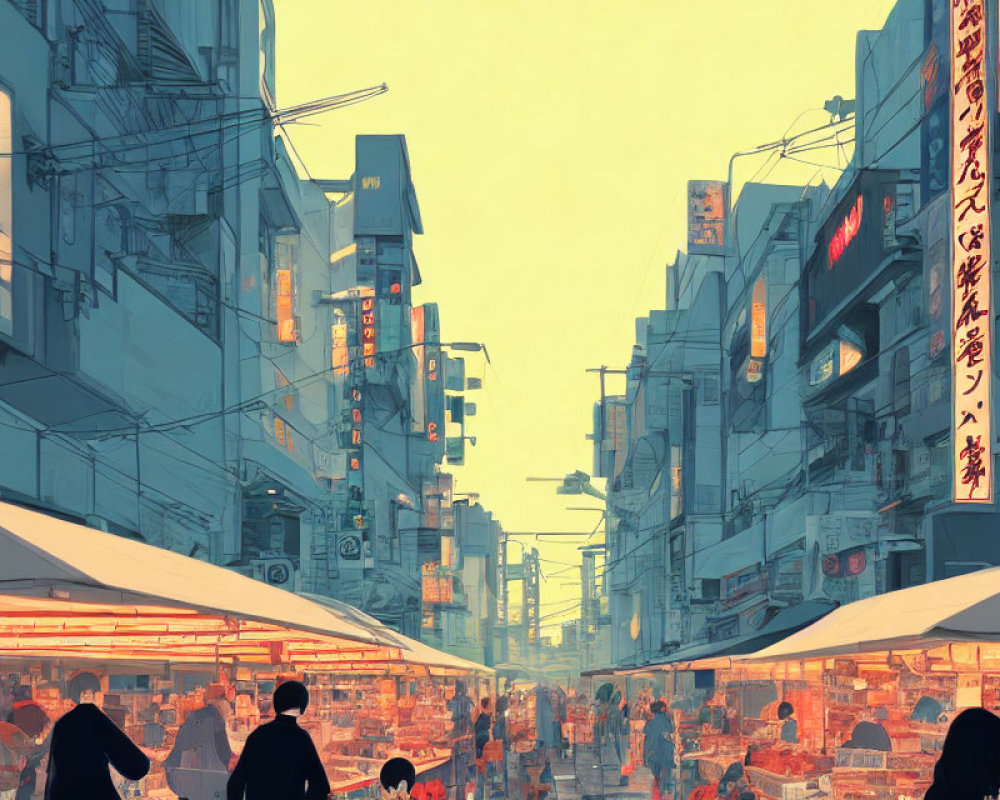 Busy East Asian Street Market at Dusk with Glowing Signs and Silhouettes