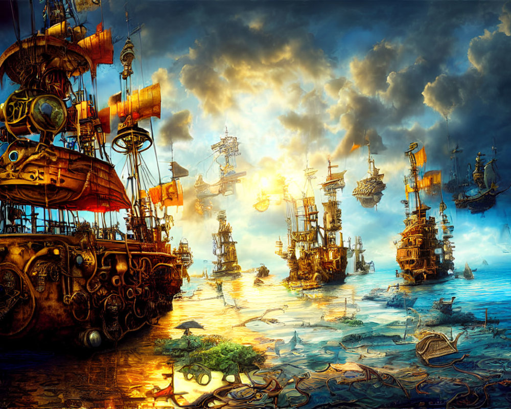 Fantastical steampunk airships over calm sea at sunset