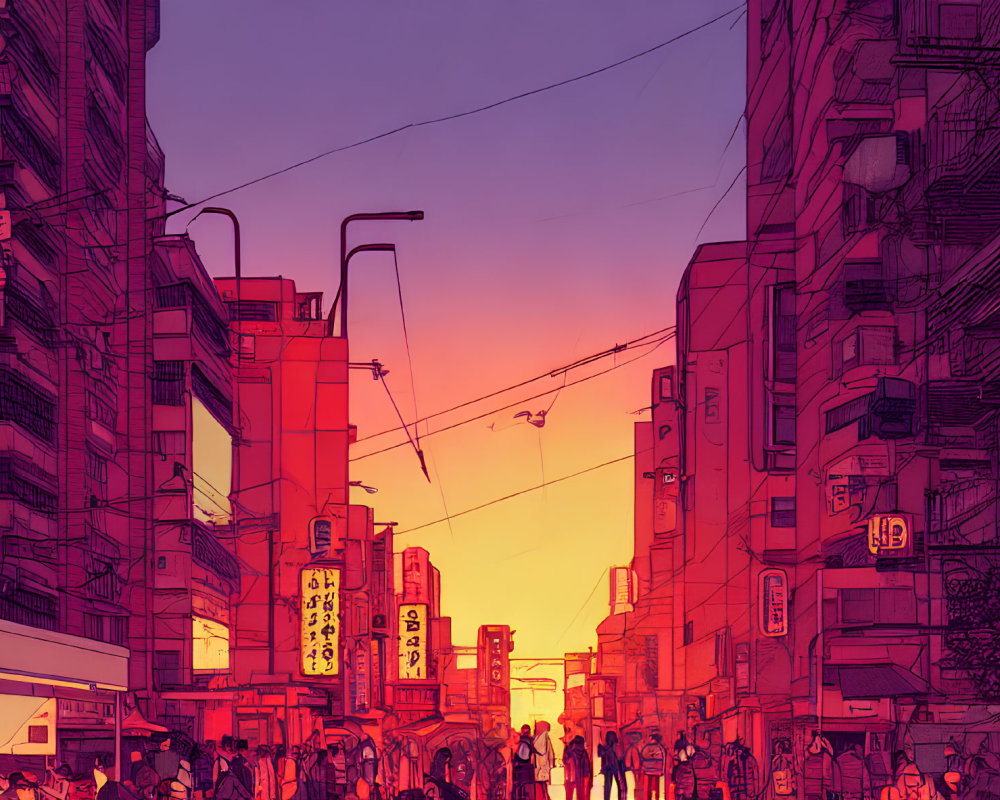 City street at sunset with neon signs, high buildings, and crowd under purple and orange sky