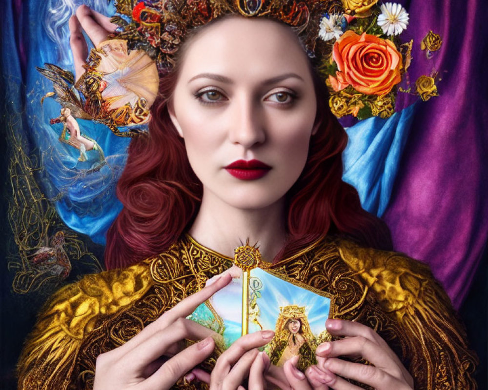 Red-haired woman with golden crown holding tarot card among vibrant drapery