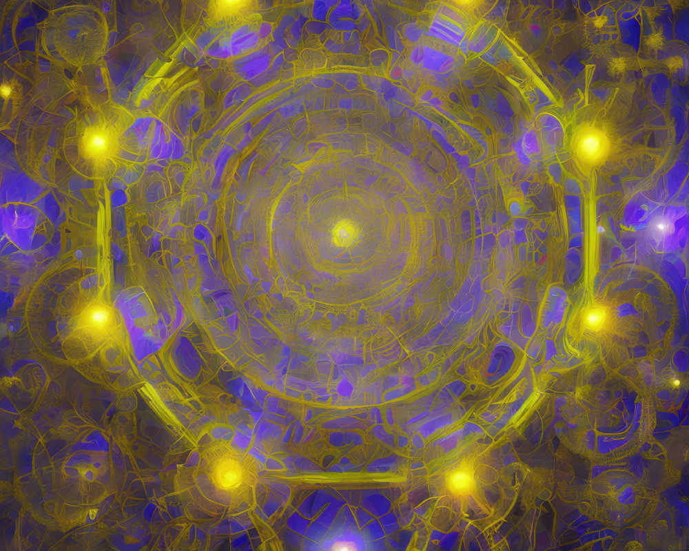 Vibrant yellow and purple abstract digital artwork with cosmic energy.