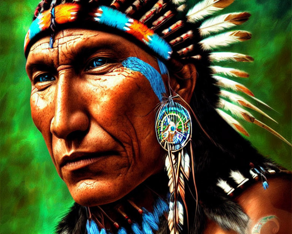 Native American man with feather headdress and face paint portrait.