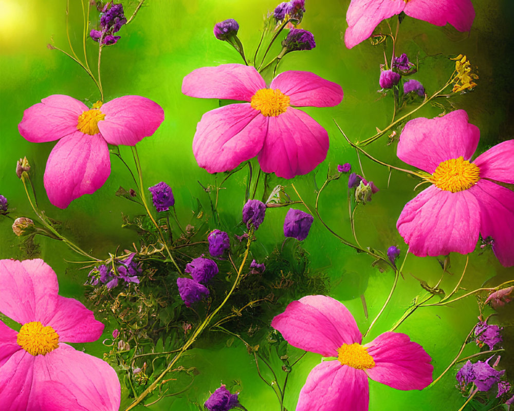 Colorful Pink Flowers with Yellow Centers on Blurred Green Background