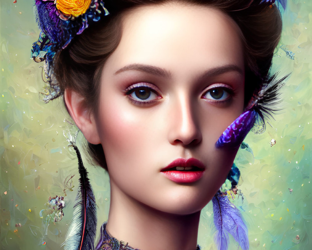 Colorful portrait of woman with floral and feather headdress on dreamy backdrop