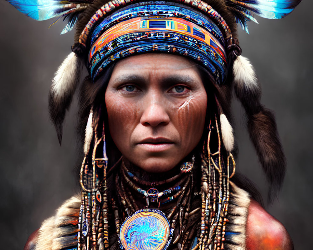 Portrait of Person Wearing Native American Headdress with Beadwork and Feathers