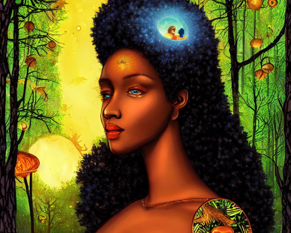 Woman with Afro Portrait: Glowing Moon, Couple, Forest, Mushrooms