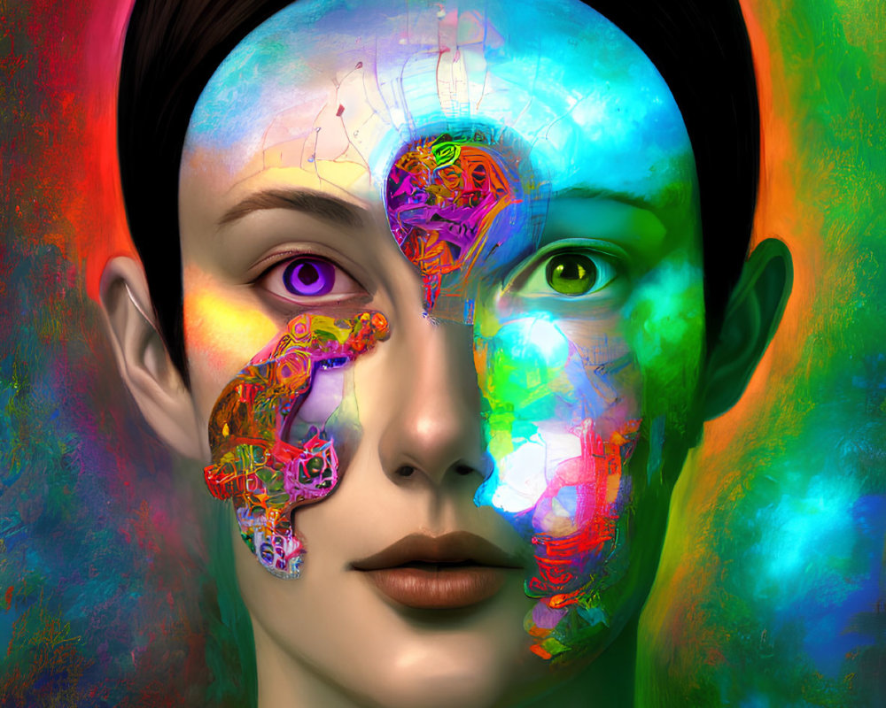 Vividly colored digital artwork of woman with exposed mechanical brain