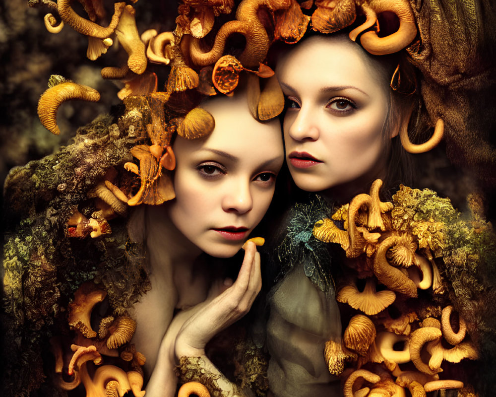 Two women with intricate mushroom and wood-like hairstyles in autumn forest setting