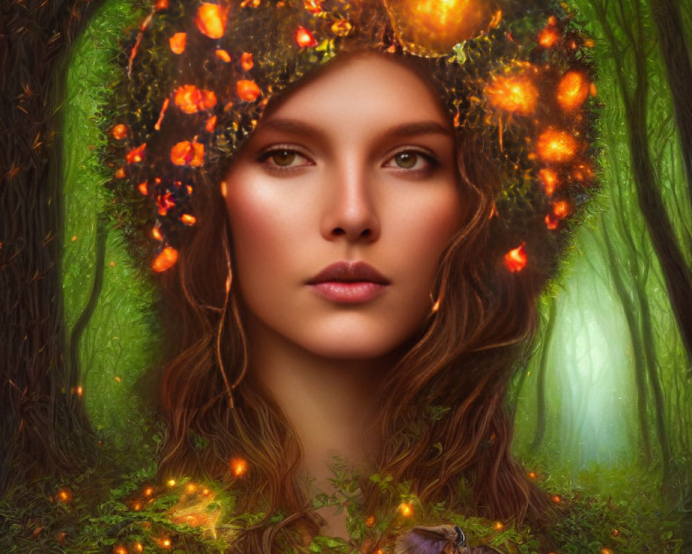 Mystical portrait of woman with glowing orange wreath in forest setting