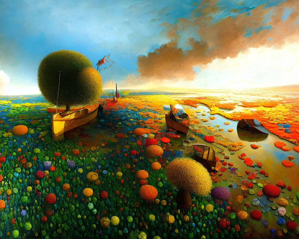 Colorful Flora and Floating Boats in Surreal Landscape